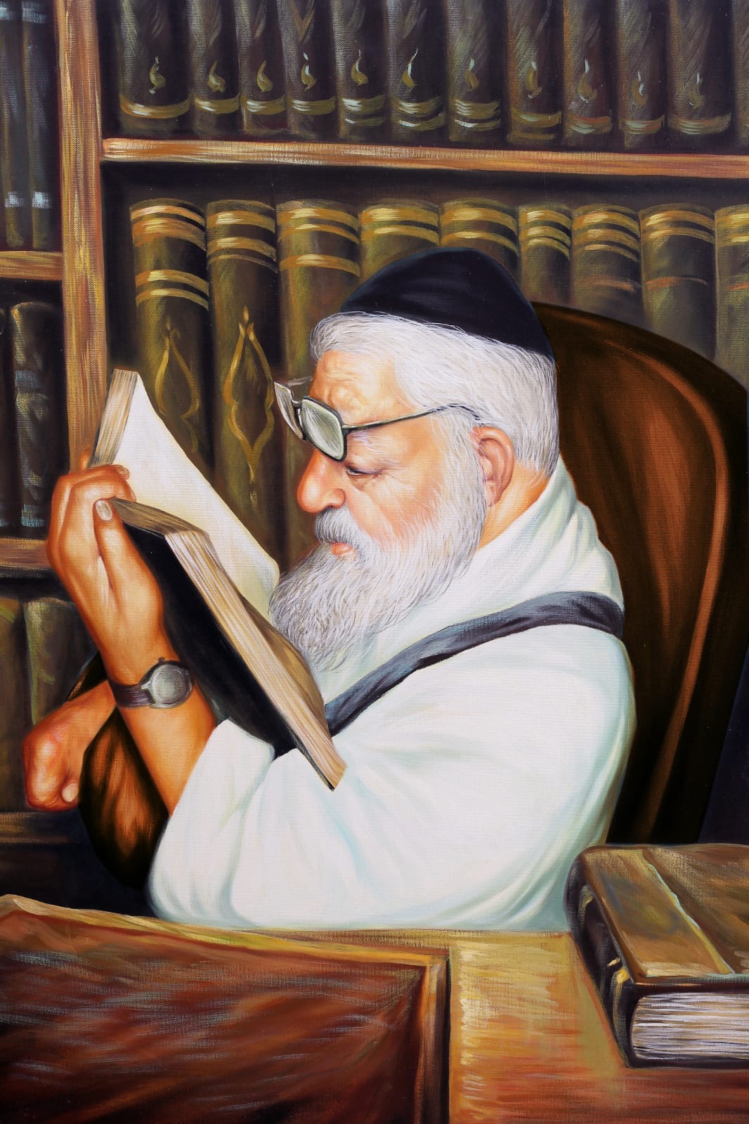Painting of Chacham Ovadia Yosef immersed in Torah study